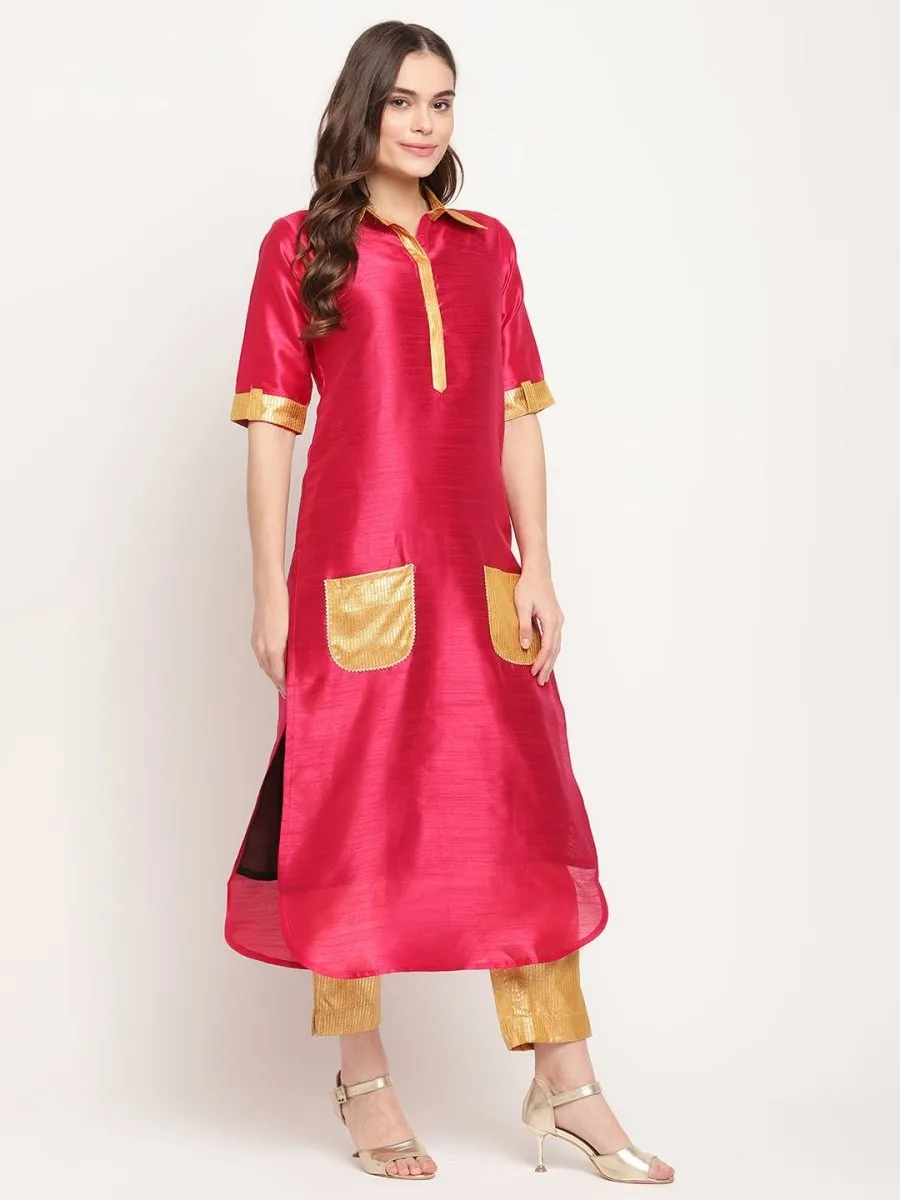Ahalyaa Women's Dark Pink Poly Silk Kurta Trouser Set