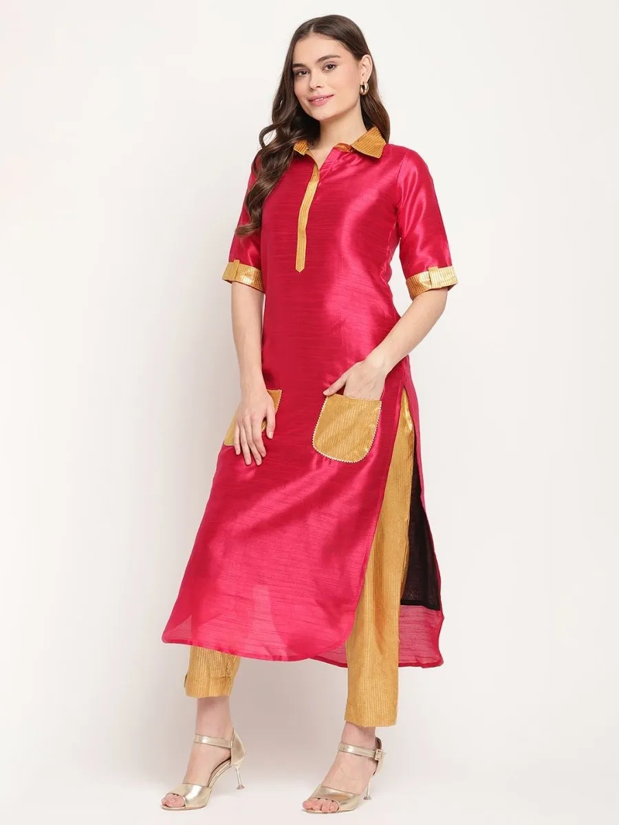 Ahalyaa Women's Dark Pink Poly Silk Kurta Trouser Set