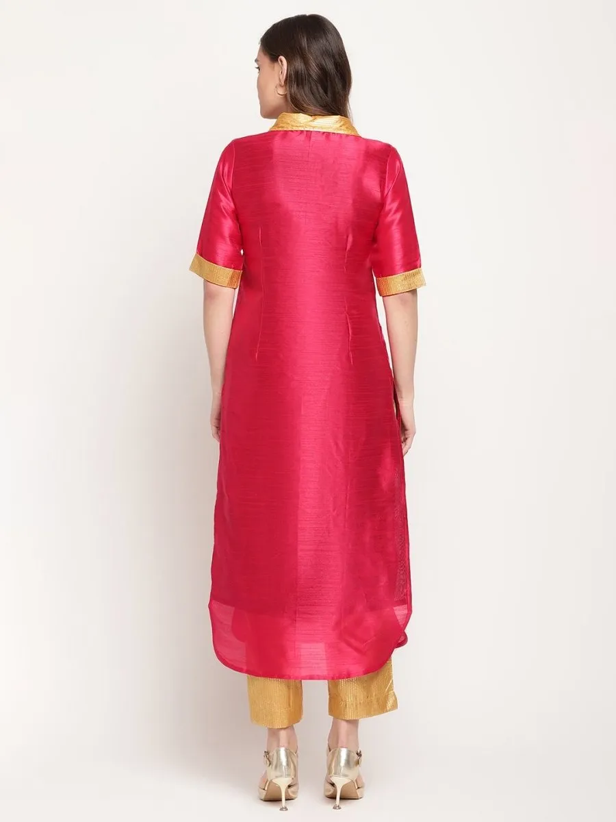 Ahalyaa Women's Dark Pink Poly Silk Kurta Trouser Set