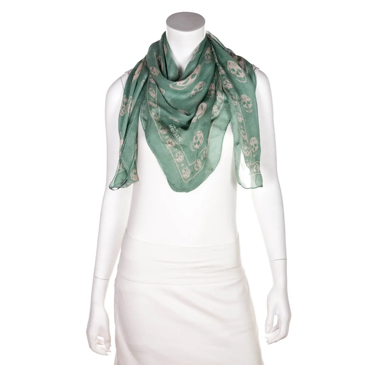 Alexander McQueen Green & White Silk Skull Scarf