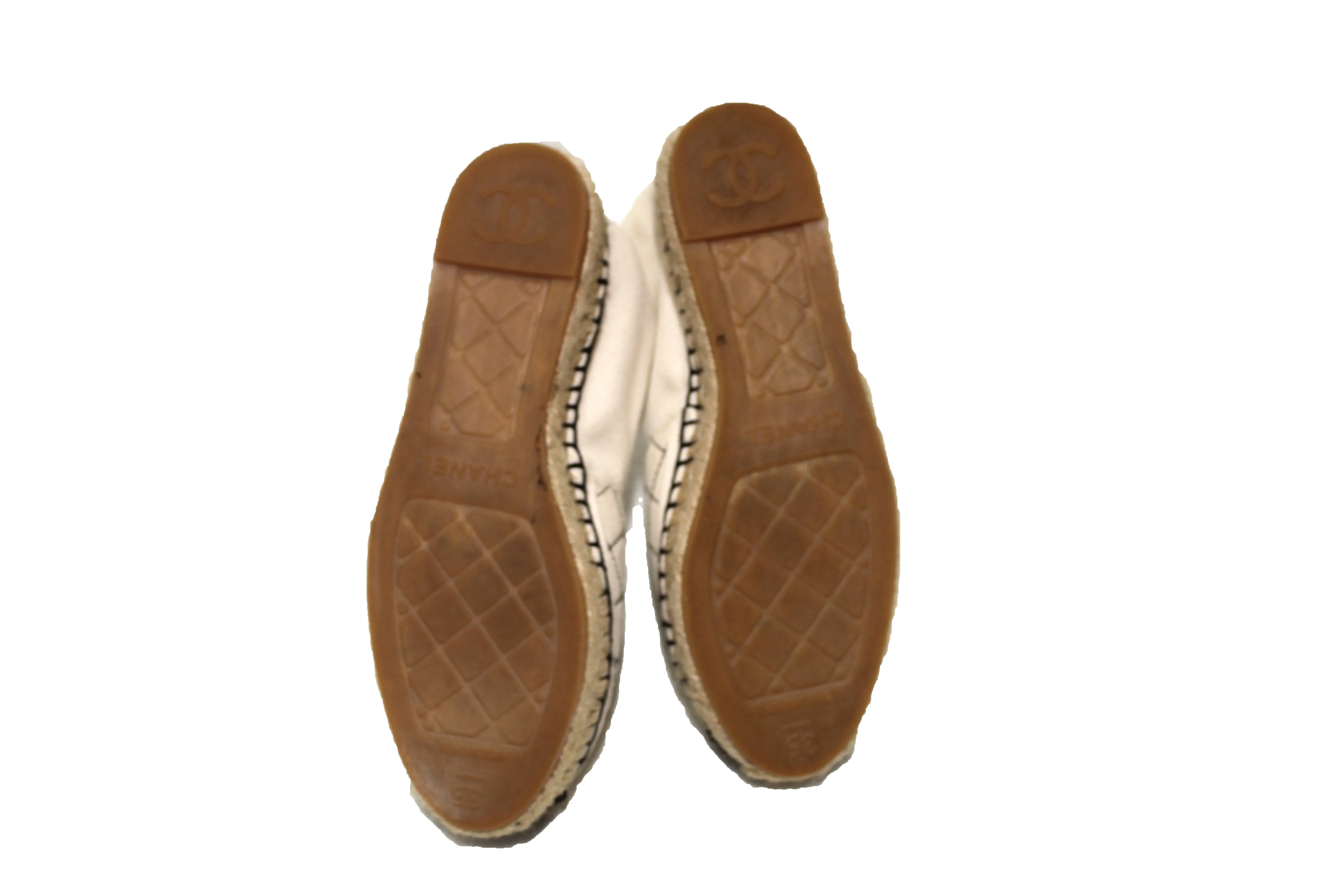 Authentic Chanel Beige/Black Canvas Stitched Espadrilles Shoes Size 35
