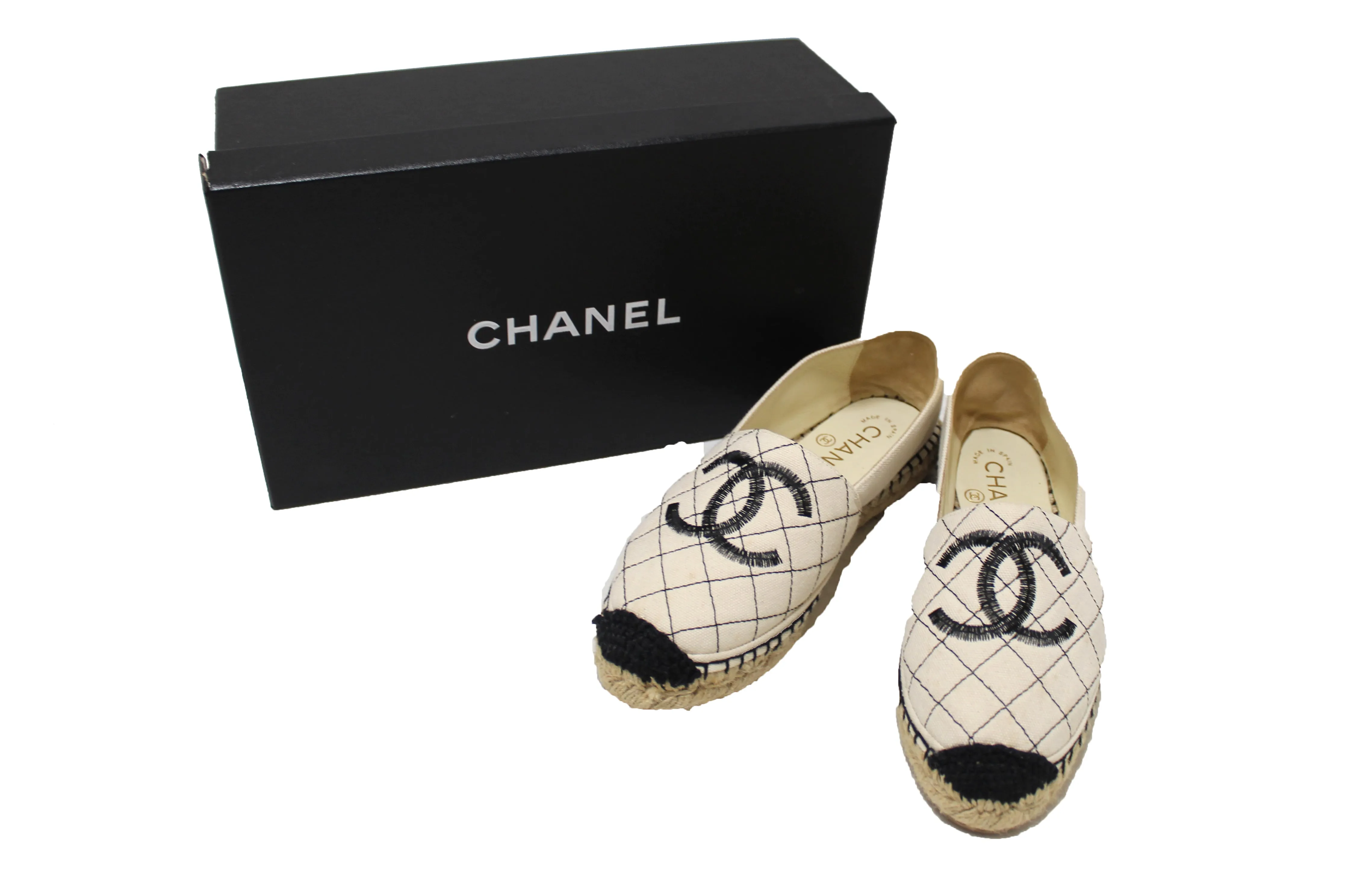 Authentic Chanel Beige/Black Canvas Stitched Espadrilles Shoes Size 35