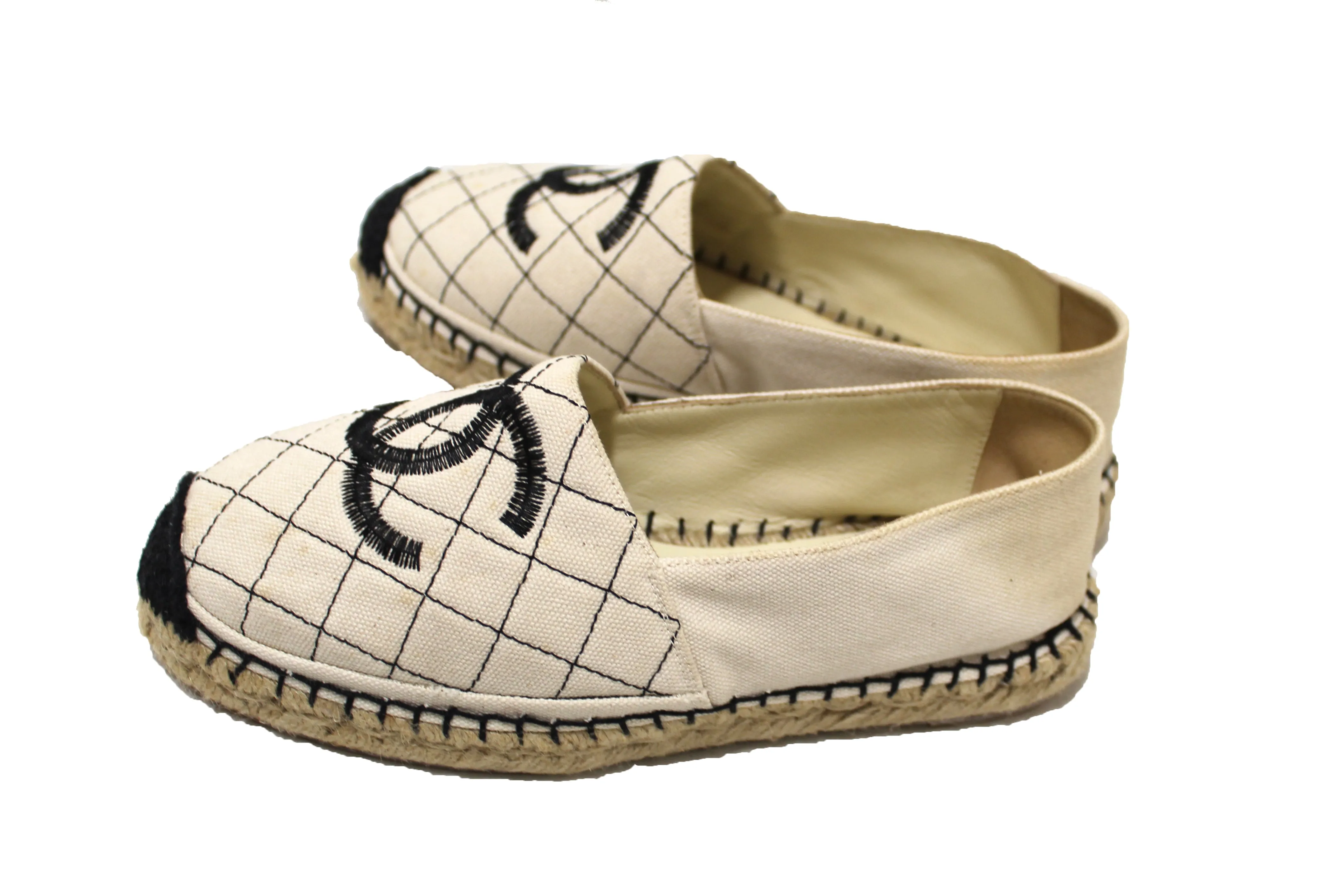 Authentic Chanel Beige/Black Canvas Stitched Espadrilles Shoes Size 35