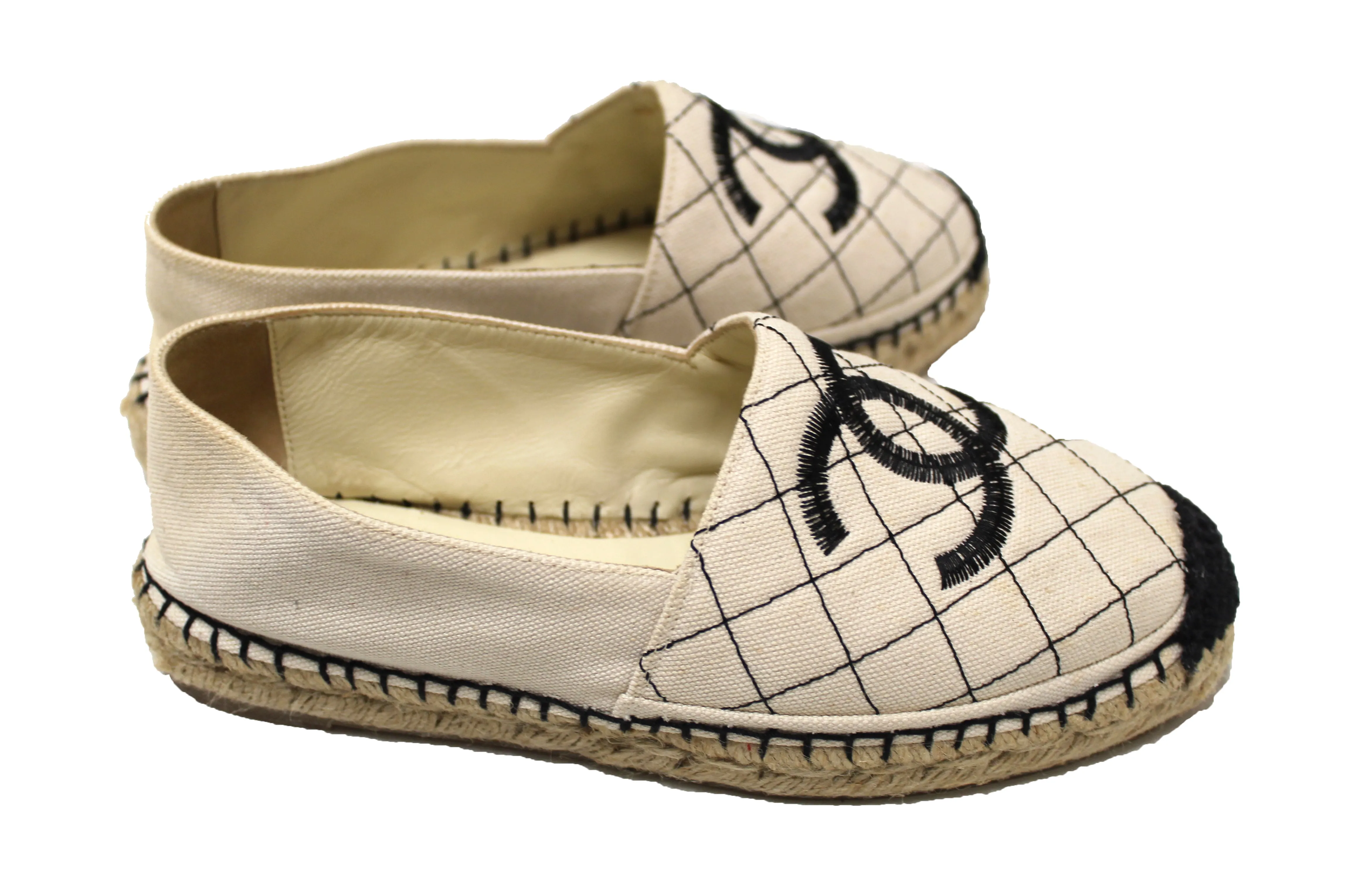 Authentic Chanel Beige/Black Canvas Stitched Espadrilles Shoes Size 35