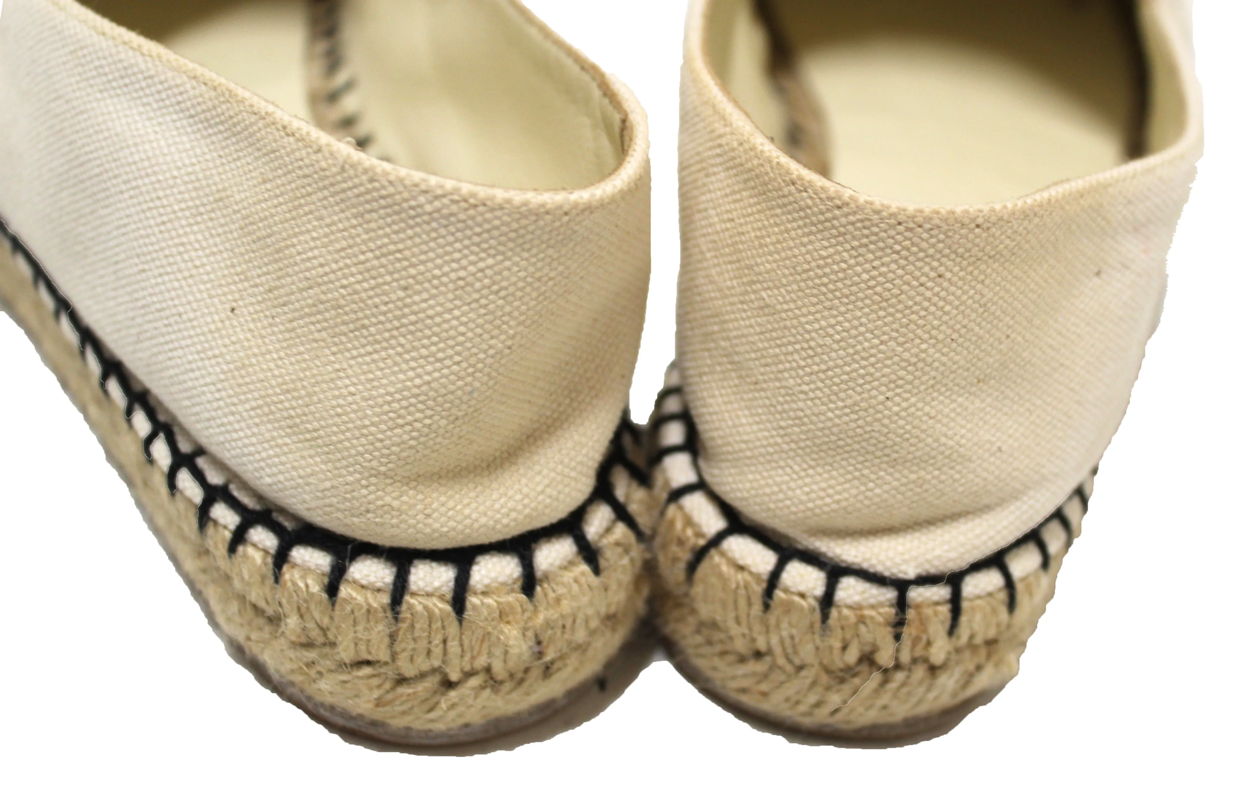 Authentic Chanel Beige/Black Canvas Stitched Espadrilles Shoes Size 35