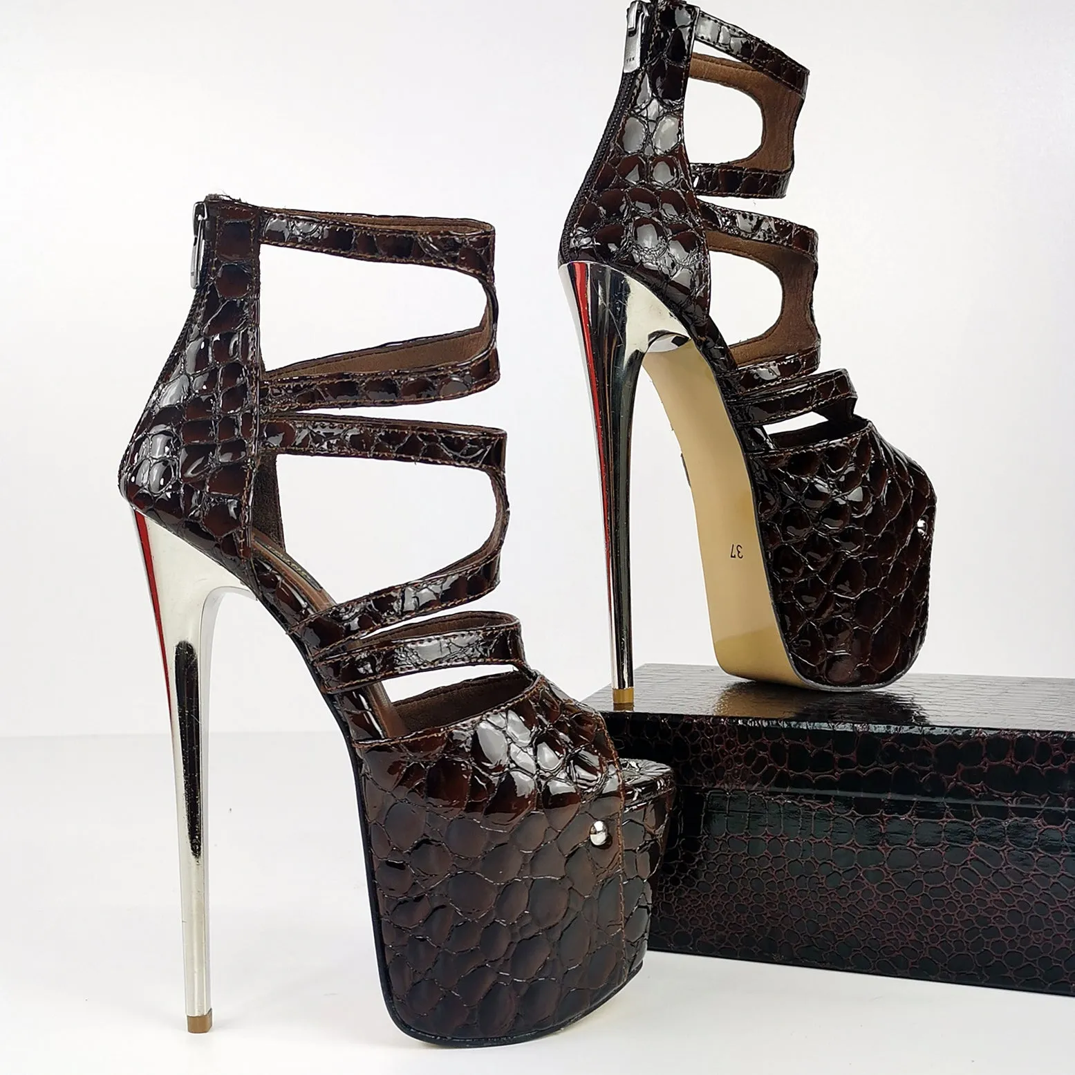 Brown Croco Multi Strap High Heels