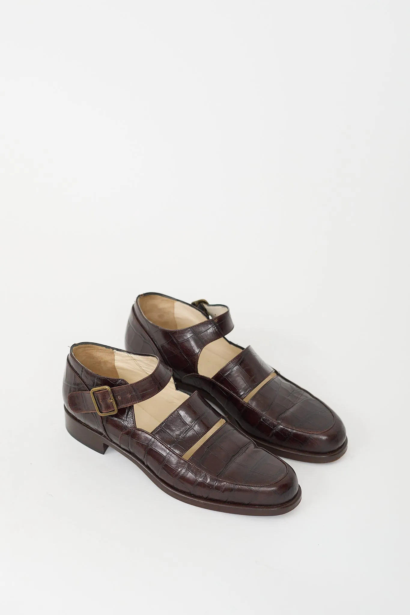 Brown Textured Leather Buckle Loafer