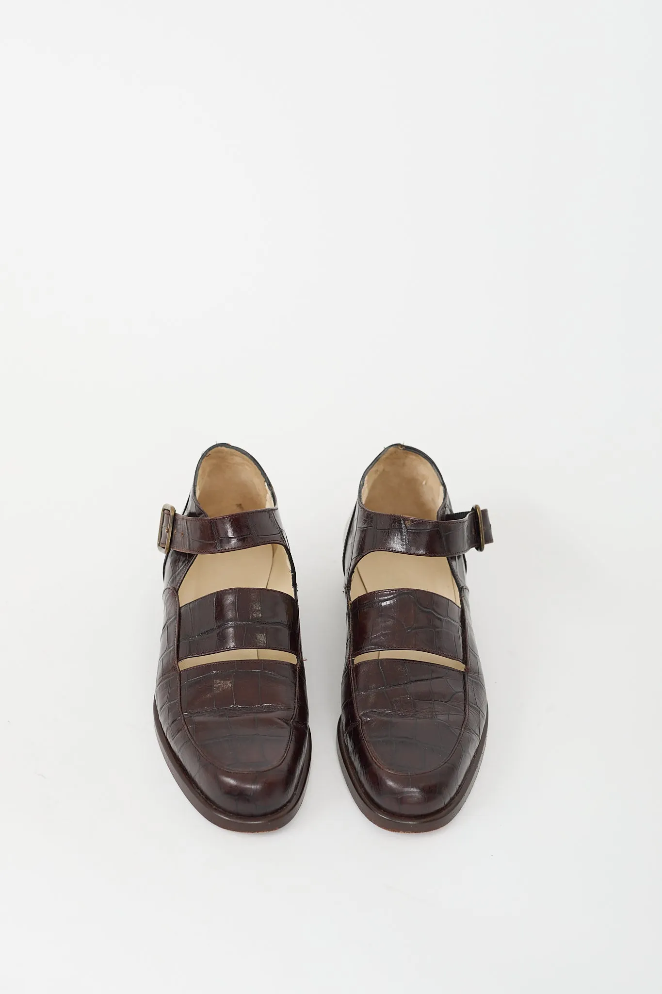 Brown Textured Leather Buckle Loafer