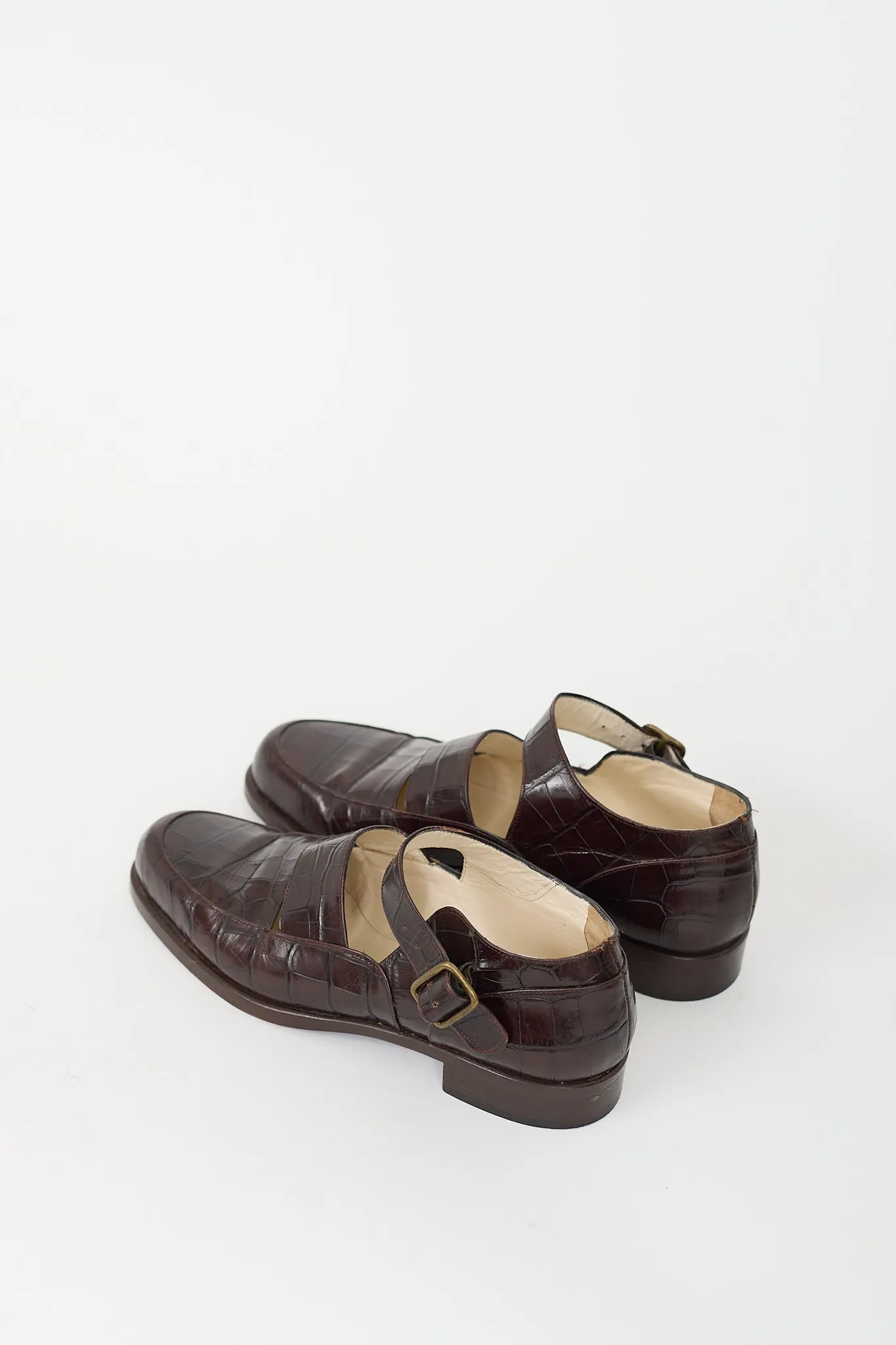 Brown Textured Leather Buckle Loafer