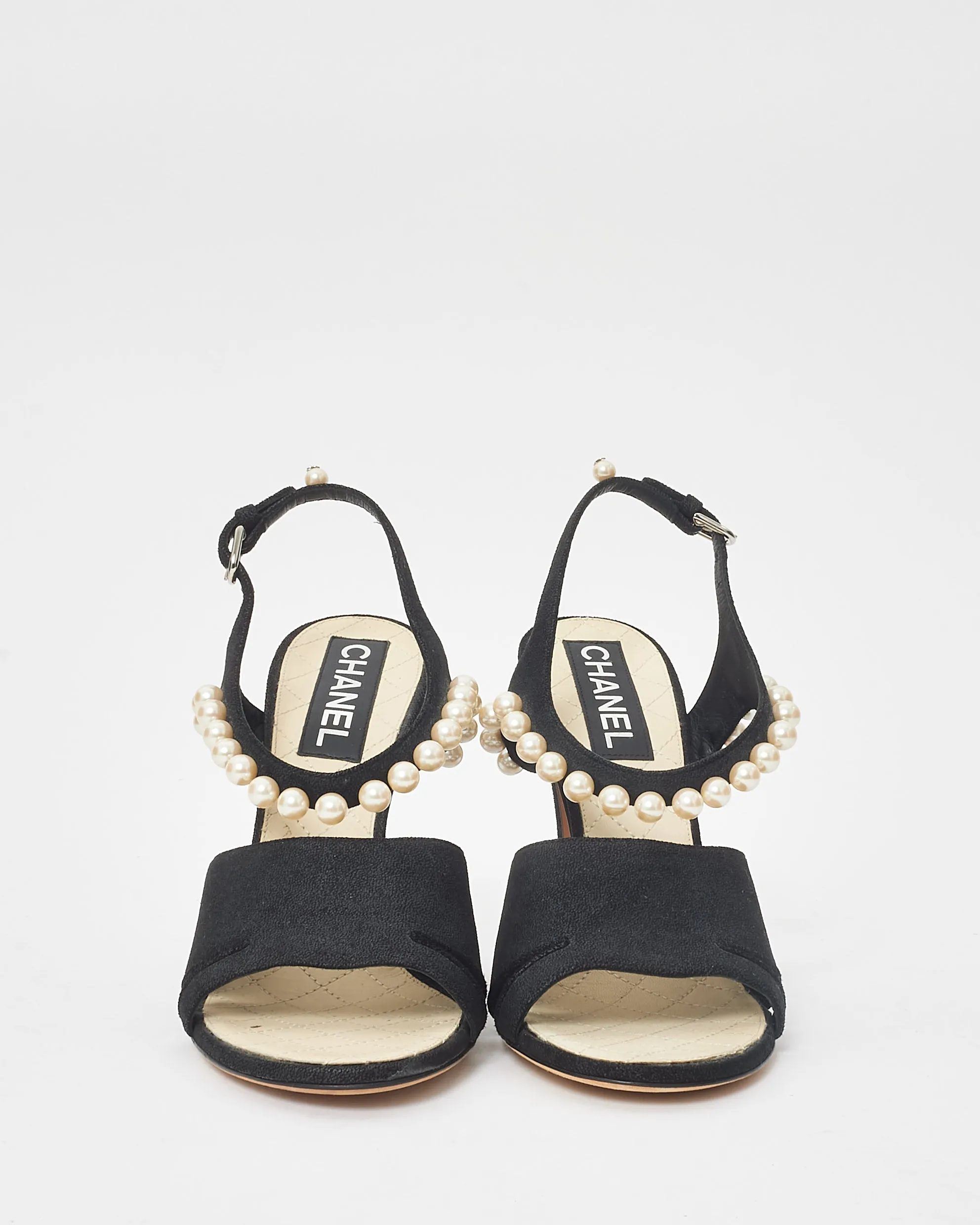 Chanel Black Fabric & Pearl Strappy Heel Sandals - 40