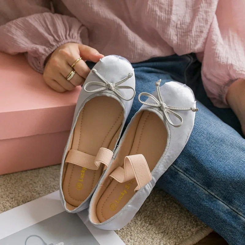 Chicmy Classic Silk Ballet Shoes Elastic Band Ballet Shoes Women Round Toe Bowtie Women Flats Elegant Valentine Shoes 03