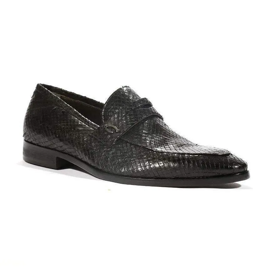 Corvari Designer Men's Designer Shoes Rio Black Snake Textured Leather Loafers (COR1005)