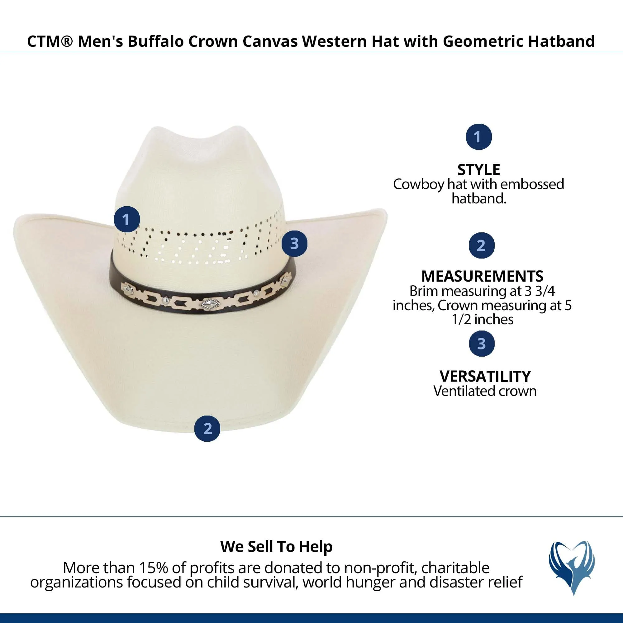 CTM® Men's Buffalo Crown Canvas Western Hat with Geometric Hatband
