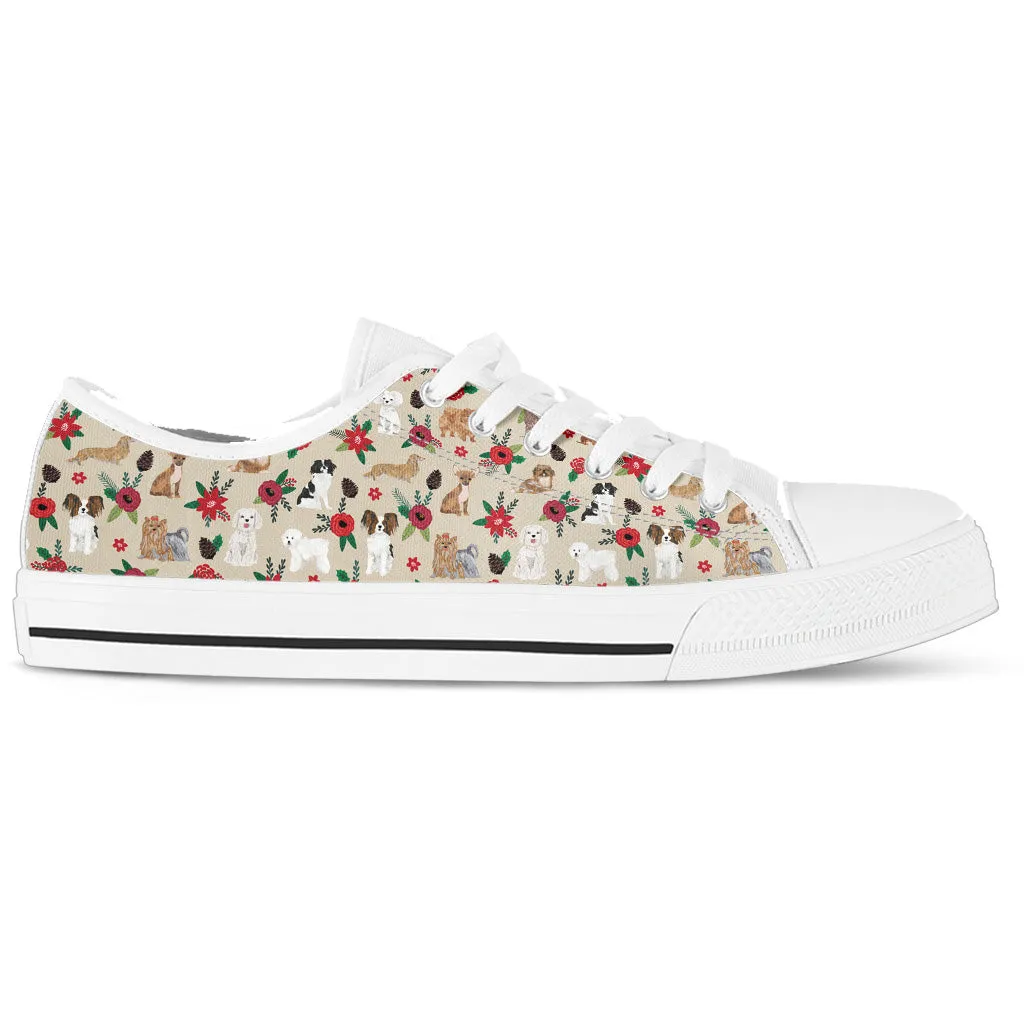 Dogs On Floral White Women's Low Top Sneakers