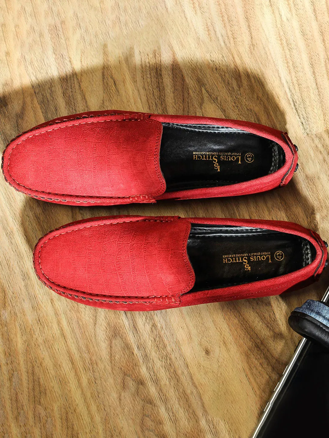 Ferrari Red Handmade Italian Suede Leather Textured Penny Loafers