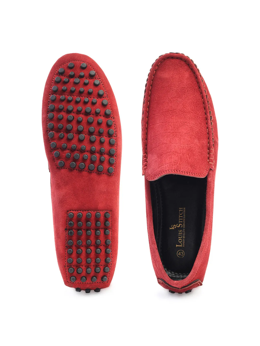 Ferrari Red Handmade Italian Suede Leather Textured Penny Loafers