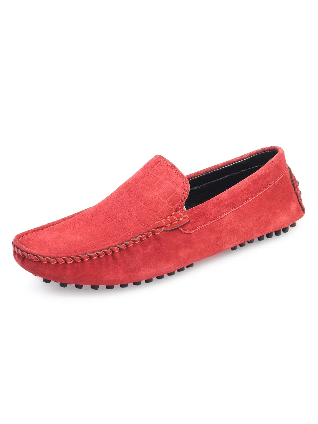Ferrari Red Handmade Italian Suede Leather Textured Penny Loafers