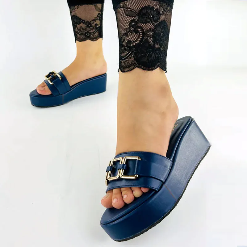 Gold Metallic Chain Leather Wedge Sandals