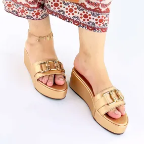 Gold Metallic Chain Leather Wedge Sandals