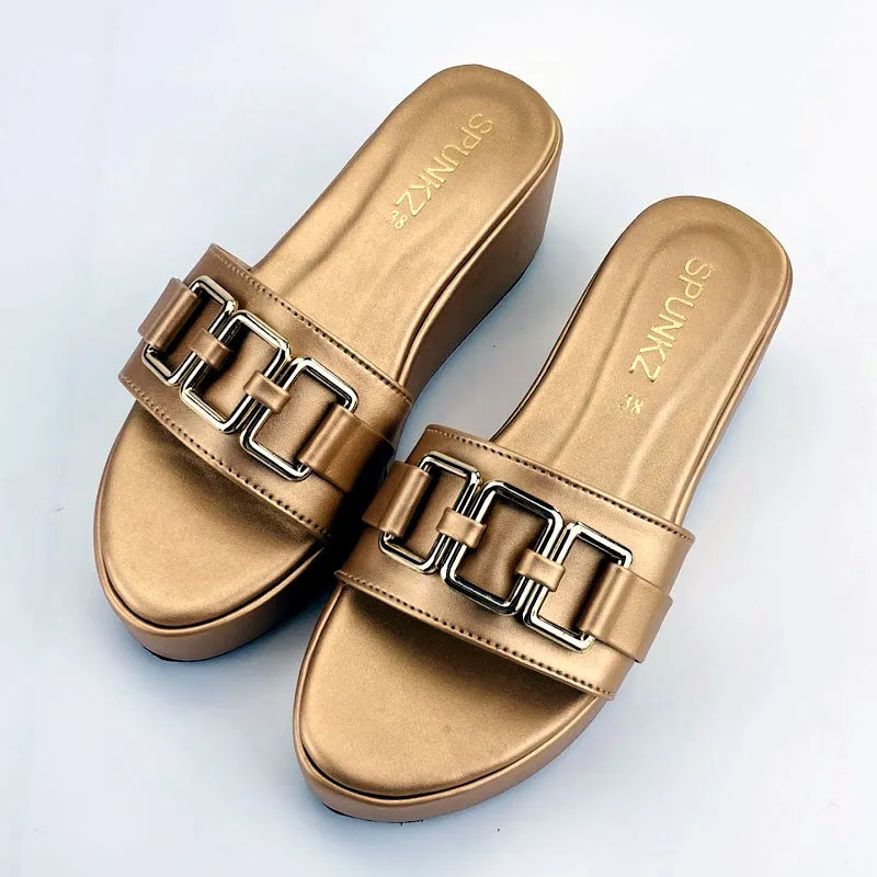 Gold Metallic Chain Leather Wedge Sandals