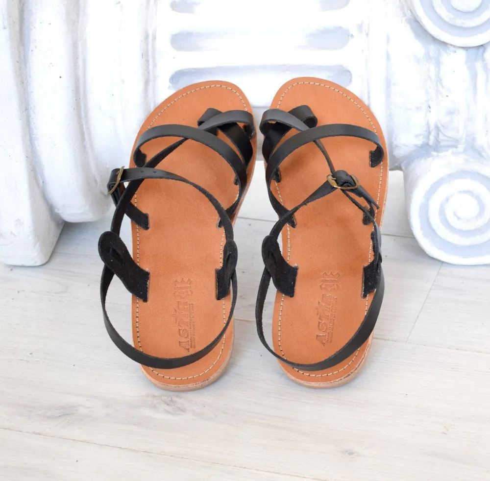 Greek sandals named Tilos in black color, Hippie handmade gladiator Spartan sandals, Astir sandals, roman sandals, ancient sandals TILOS
