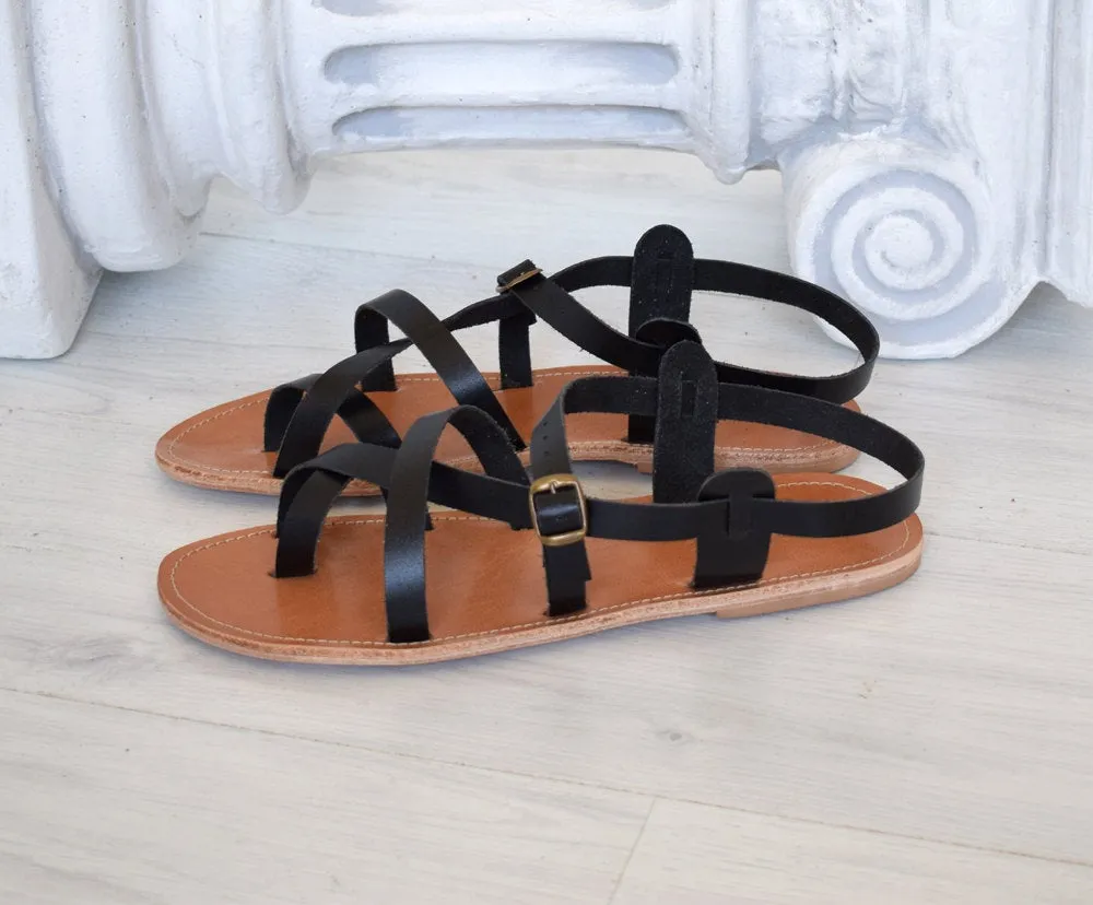 Greek sandals named Tilos in black color, Hippie handmade gladiator Spartan sandals, Astir sandals, roman sandals, ancient sandals TILOS