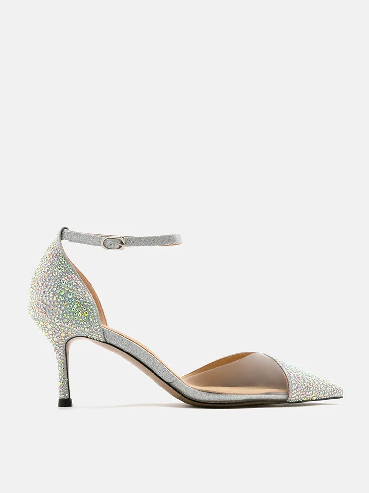 Madeline Crystal V-Cut Ankle Strap Pump Heels