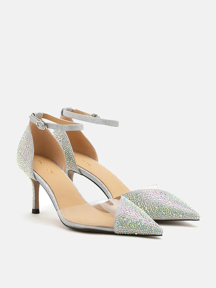 Madeline Crystal V-Cut Ankle Strap Pump Heels