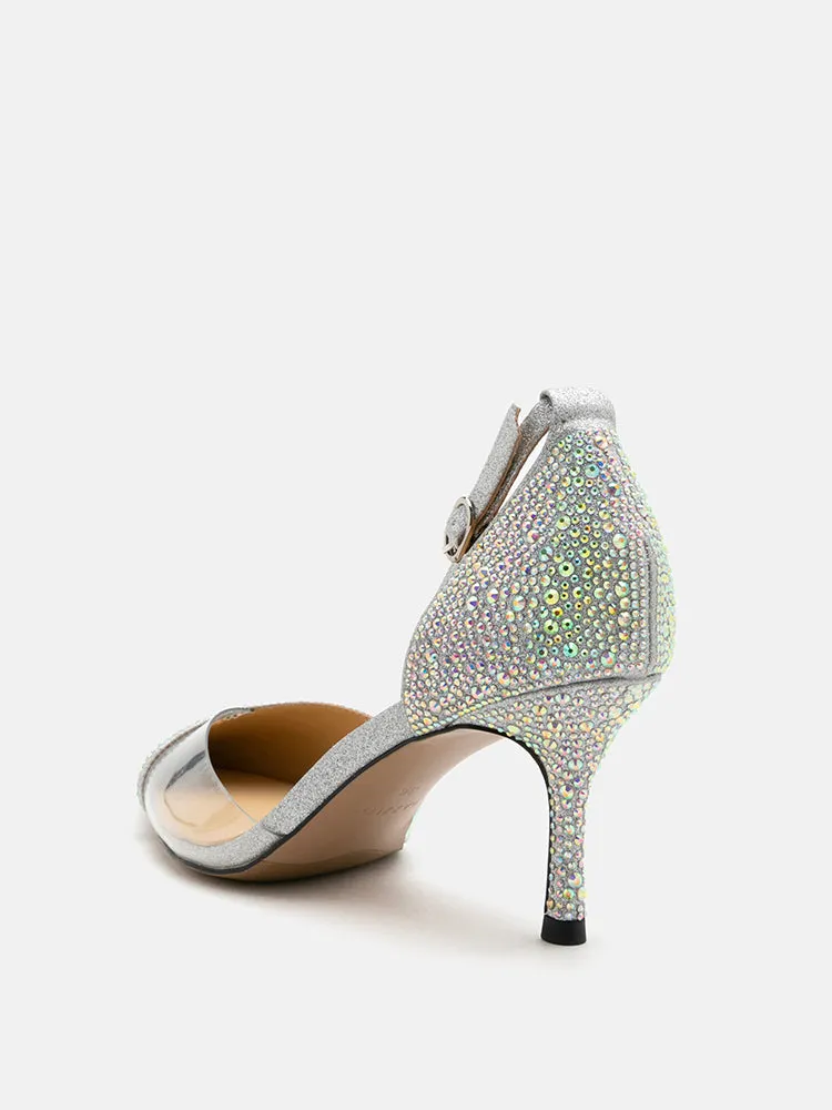 Madeline Crystal V-Cut Ankle Strap Pump Heels