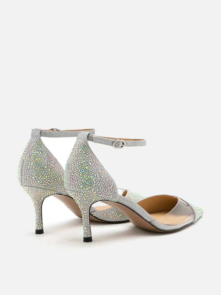 Madeline Crystal V-Cut Ankle Strap Pump Heels