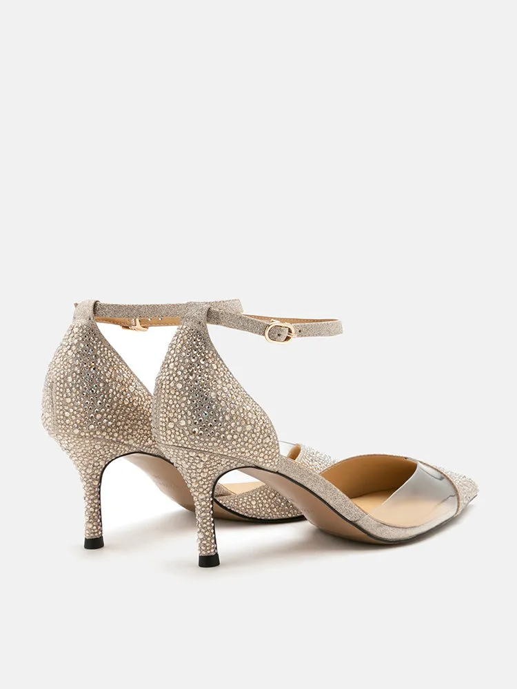Madeline Crystal V-Cut Ankle Strap Pump Heels
