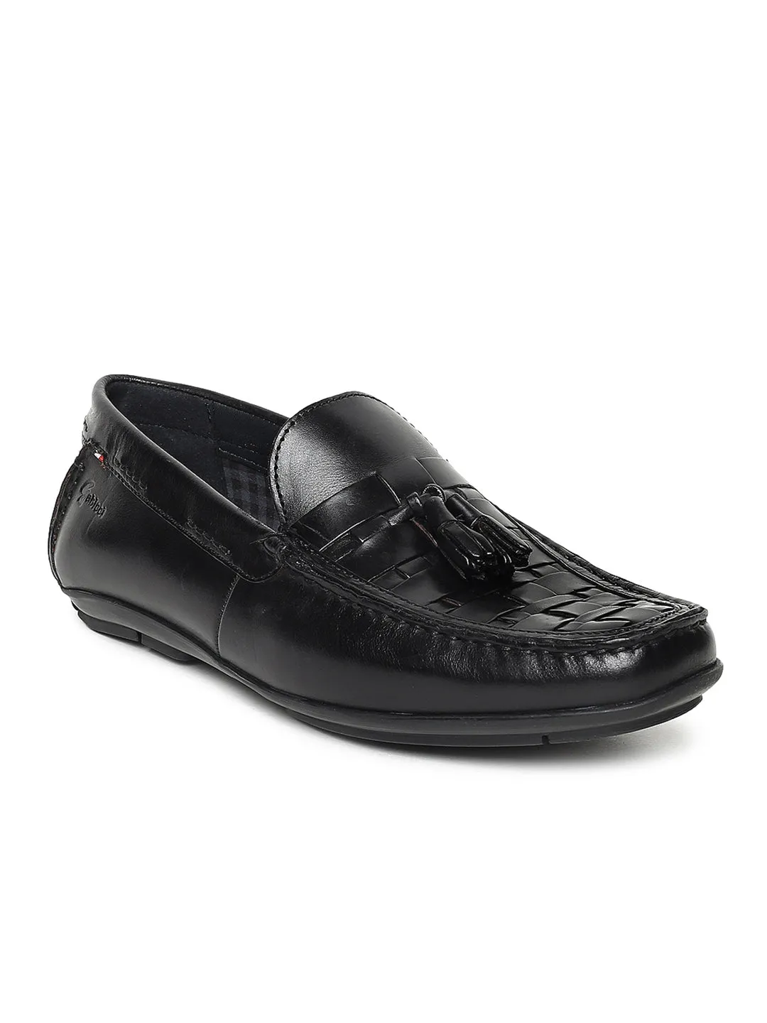 Men Black Basket Weave Textured Tassel Loafers