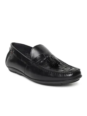 Men Black Basket Weave Textured Tassel Loafers
