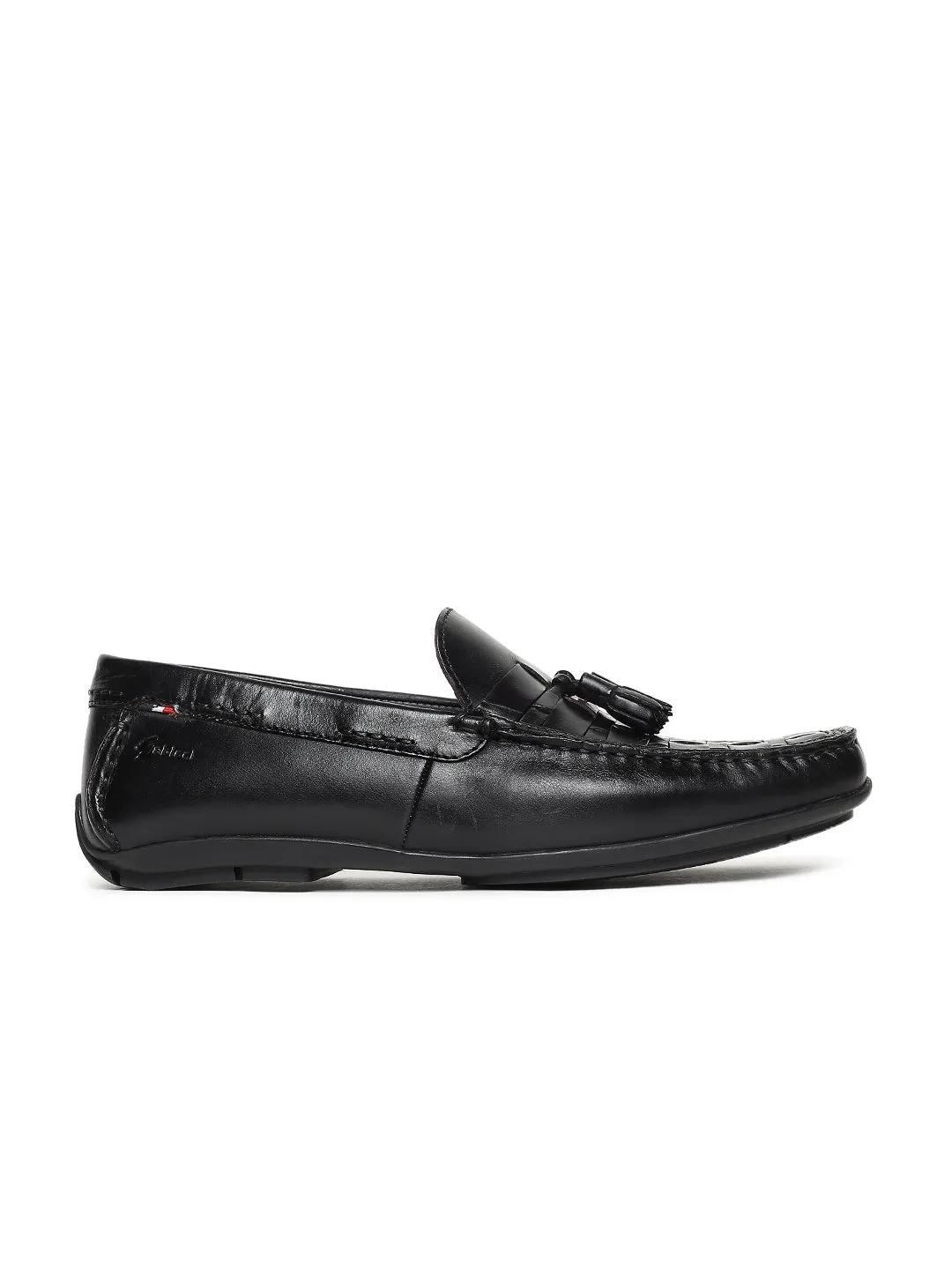 Men Black Basket Weave Textured Tassel Loafers