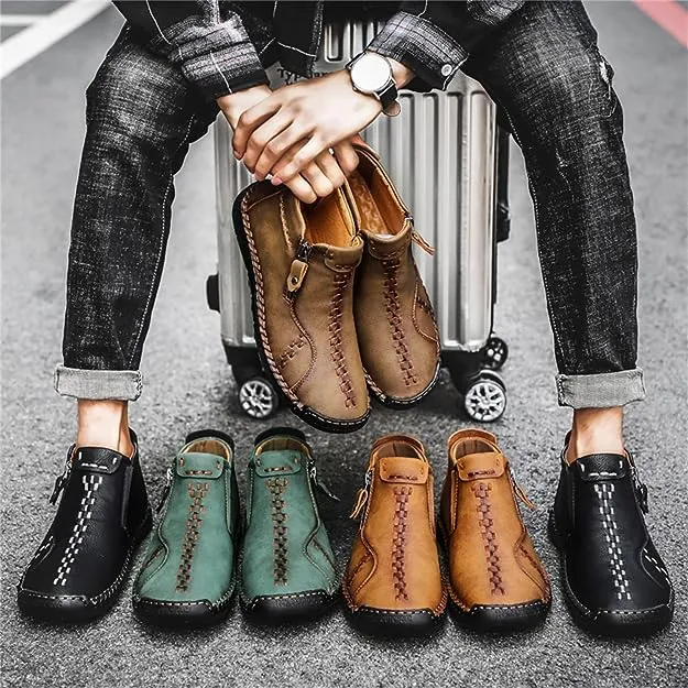 Men's Hand Stitched Brown Leather Textured Boots