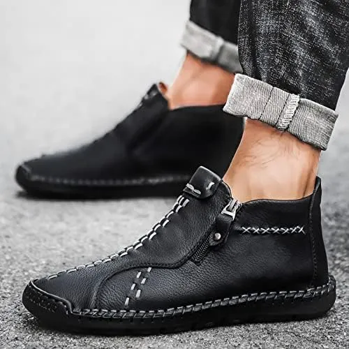 Men's Hand Stitched Brown Leather Textured Boots