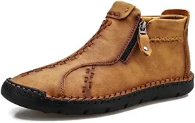 Men's Hand Stitched Khaki Leather Textured Boots