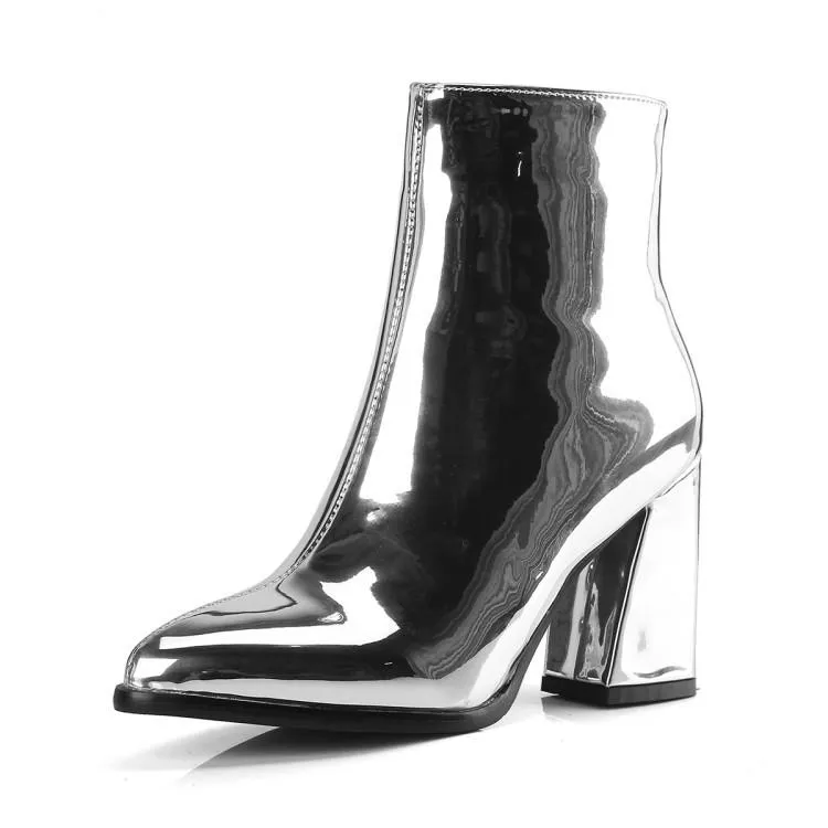 Metallic mirror chunky high heels booties for party