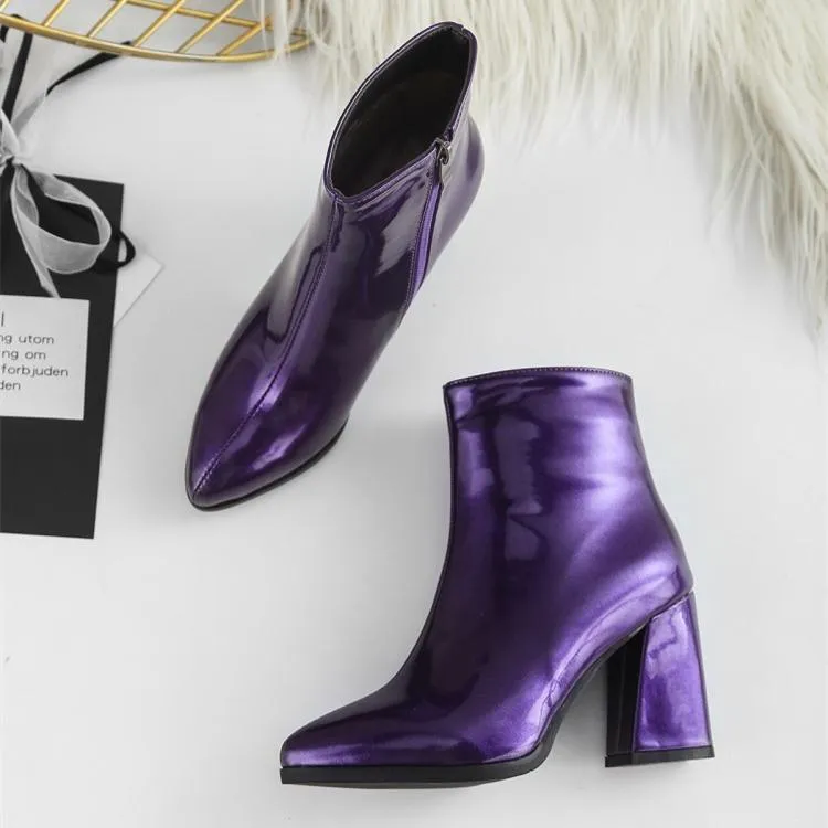 Metallic mirror chunky high heels booties for party