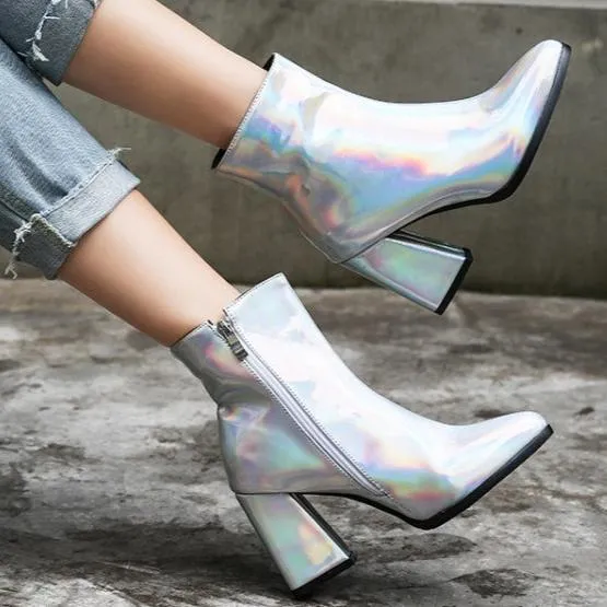 Metallic mirror chunky high heels booties for party
