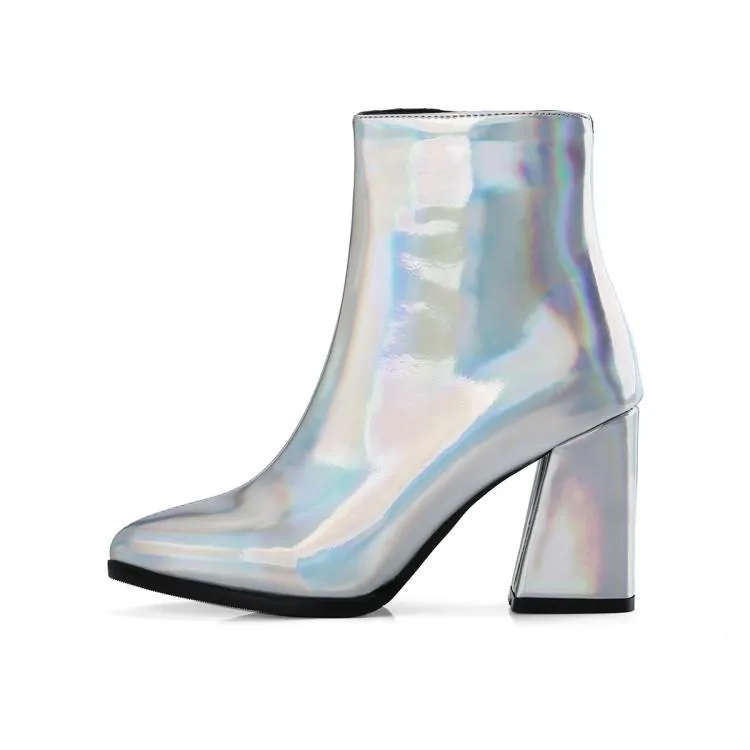 Metallic mirror chunky high heels booties for party