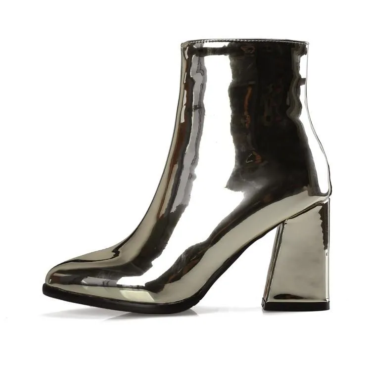 Metallic mirror chunky high heels booties for party