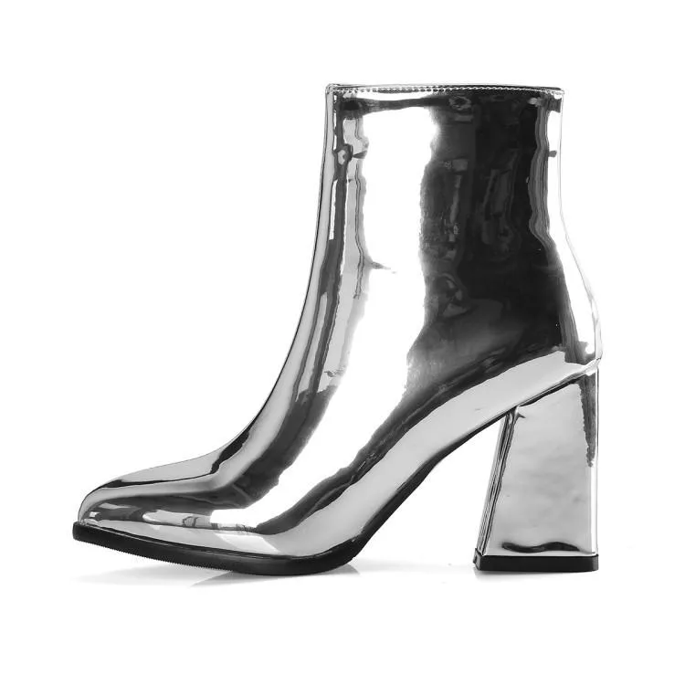 Metallic mirror chunky high heels booties for party