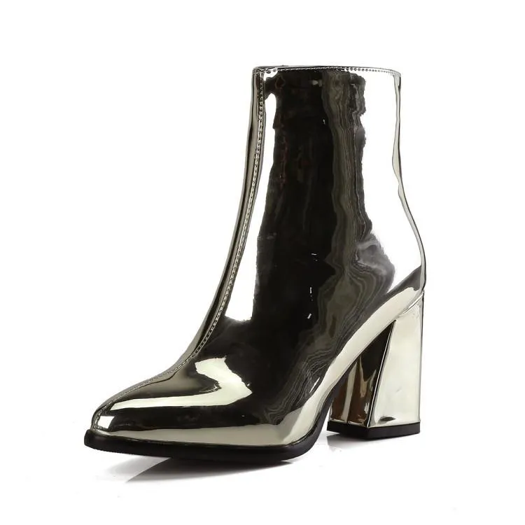 Metallic mirror chunky high heels booties for party