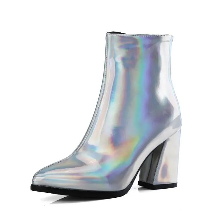 Metallic mirror chunky high heels booties for party