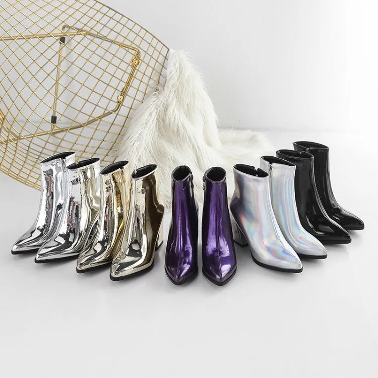 Metallic mirror chunky high heels booties for party