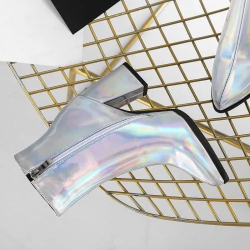 Metallic mirror chunky high heels booties for party