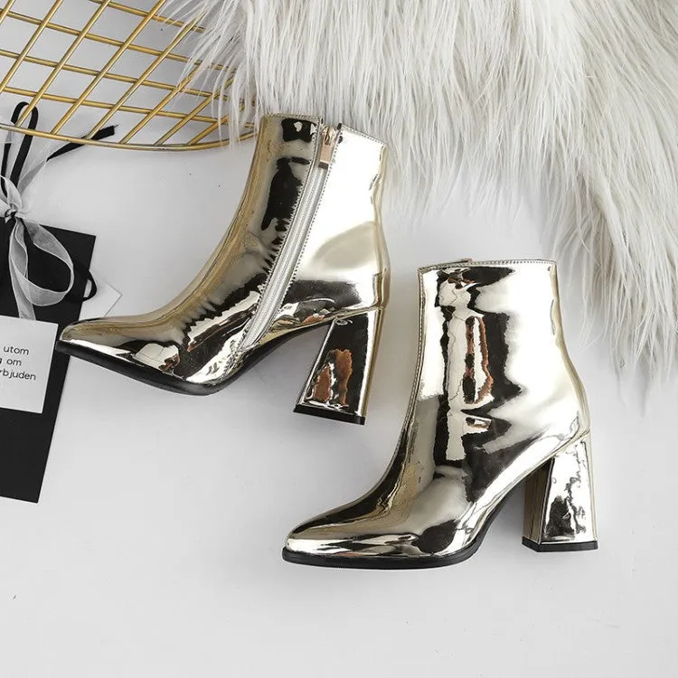 Metallic mirror chunky high heels booties for party