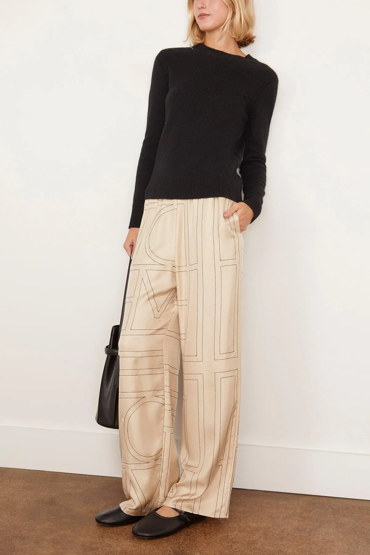 Monogram Silk Pajama Bottoms in Ivory