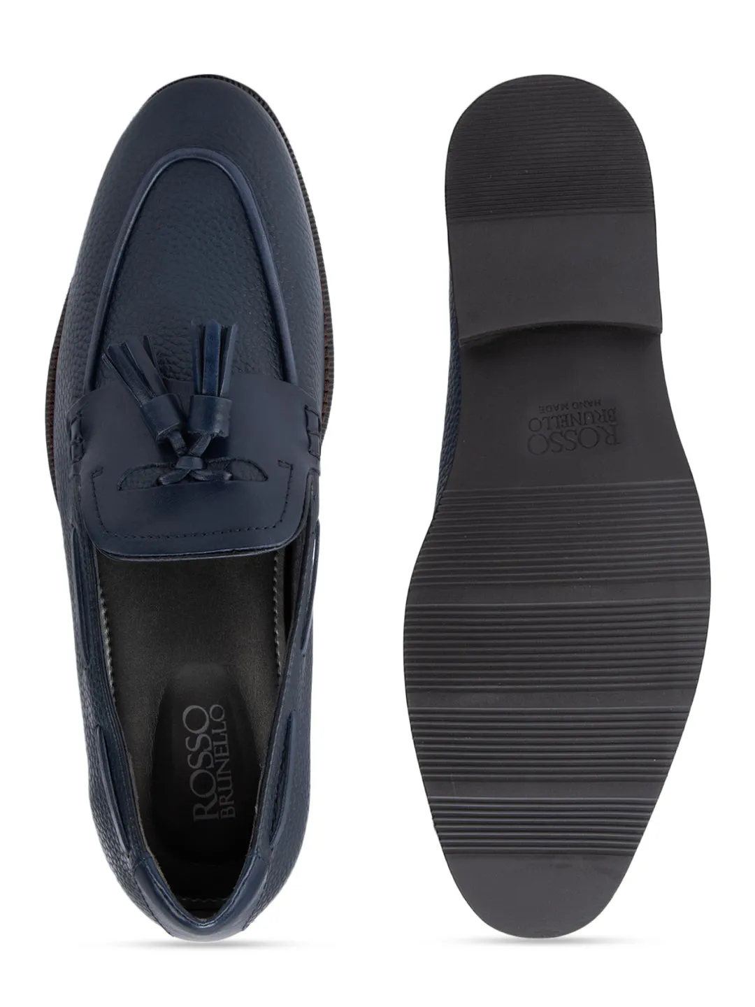 Navy Textured Loafers With Tassels